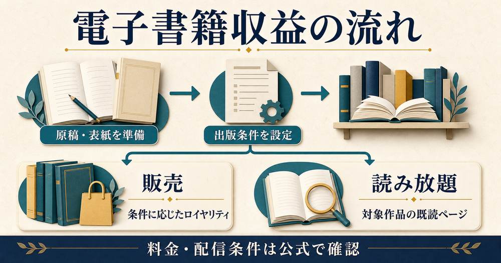 電子書籍の原稿と表紙から出版設定を経て販売と読み放題の収益経路へ進む仕組みの図