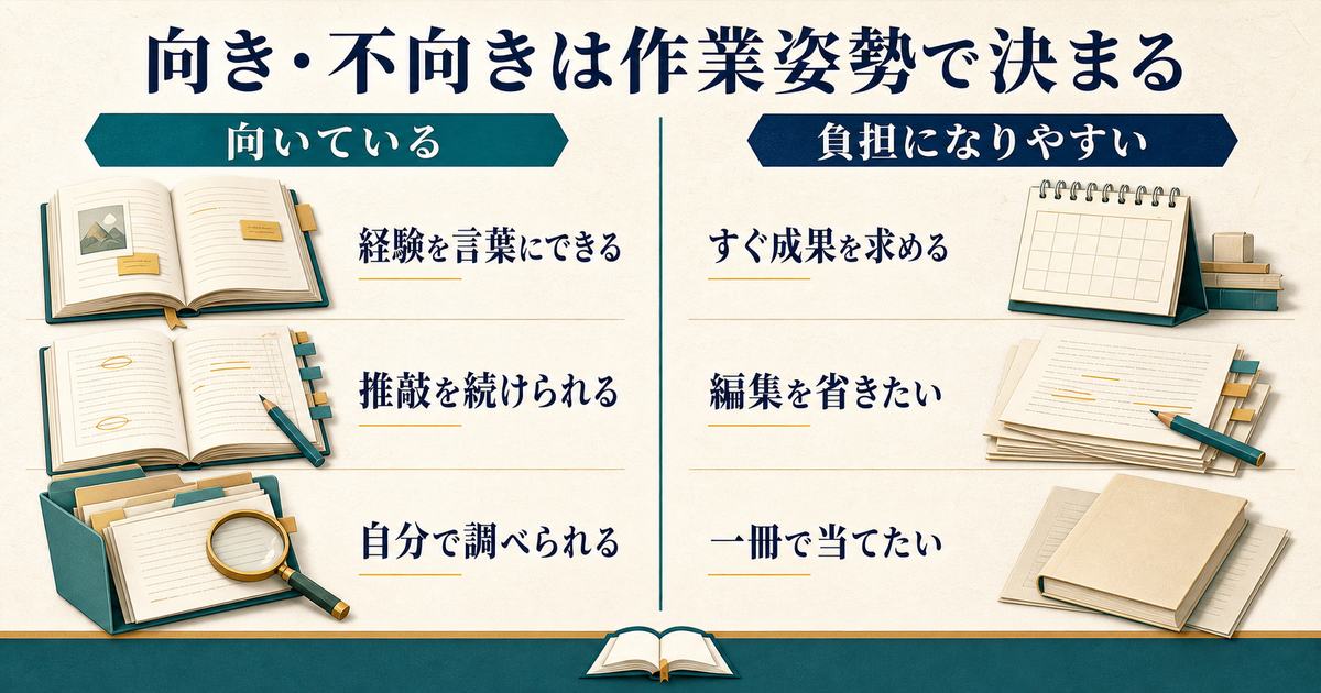 電子書籍出版に向く作業姿勢と負担になりやすい期待を左右で比較した図