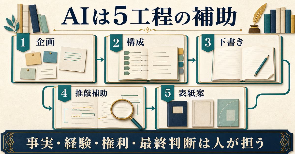 AIを電子書籍の企画・構成・下書き・推敲・表紙案の補助に使う5工程の図