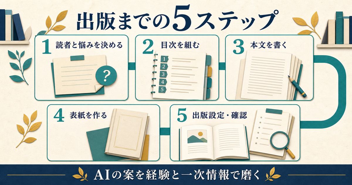 読者設定・目次・本文・表紙・出版確認まで電子書籍を作る5ステップの図