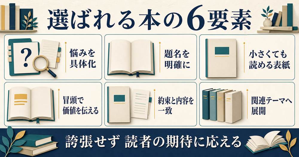 読者の悩み・題名・表紙・冒頭・内容の一致・関連展開という電子書籍の6要素の図