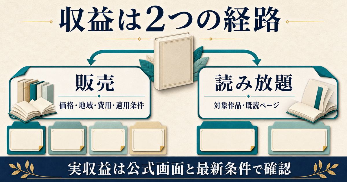 電子書籍の収益を販売条件と対象作品の既読ページという2経路で整理した図