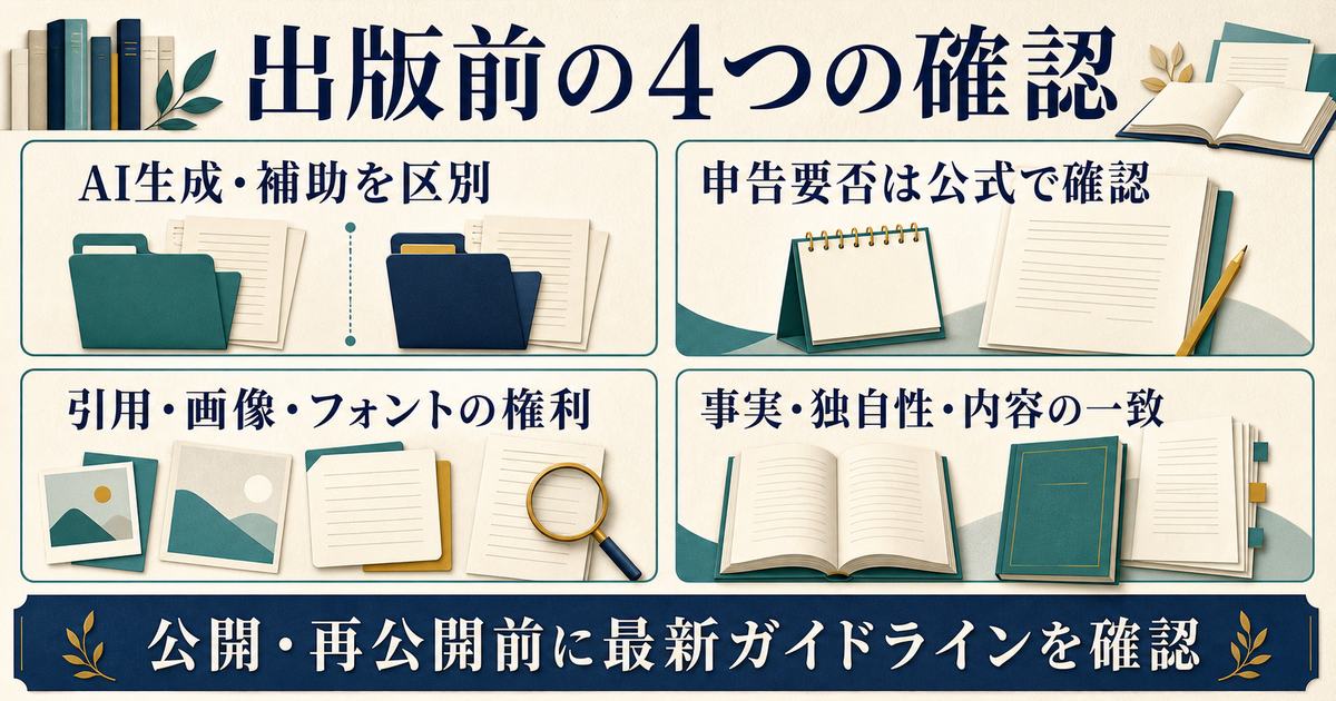 AI利用の区別・申告要否・素材の権利・事実と内容の一致を出版前に確認する図