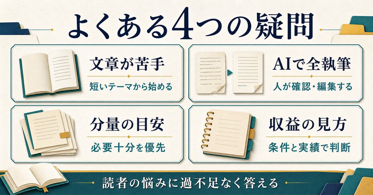 電子書籍の文章力・AI執筆・分量・収益に関する4つの疑問と短い答えの図