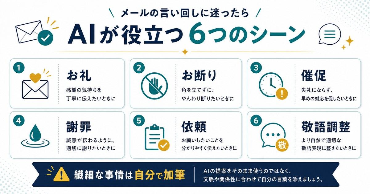 AIが得意なメール作成の場面としてお礼、お断り、催促、謝罪、依頼、敬語調整を整理した図解