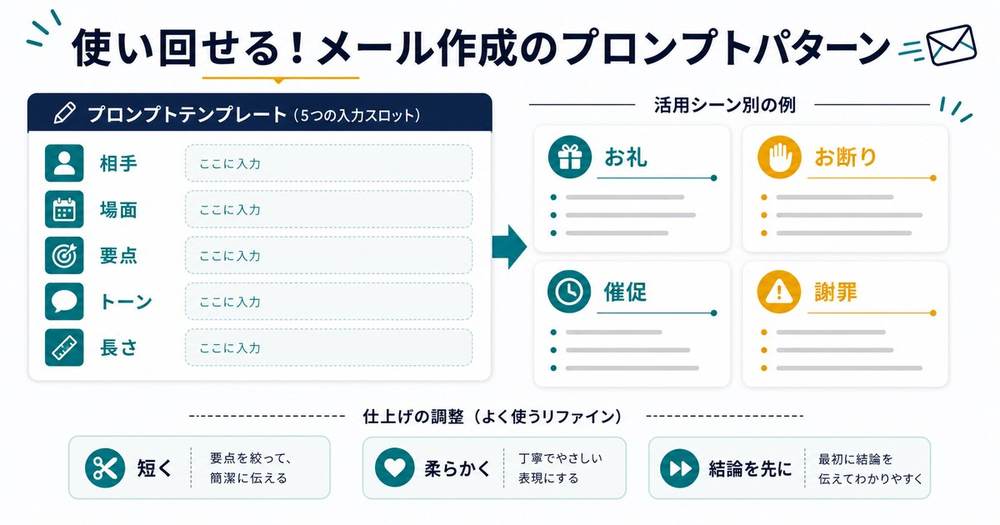 メール作成プロンプトの型として相手、場面、要点、トーン、長さを指定し場面別に調整する図解