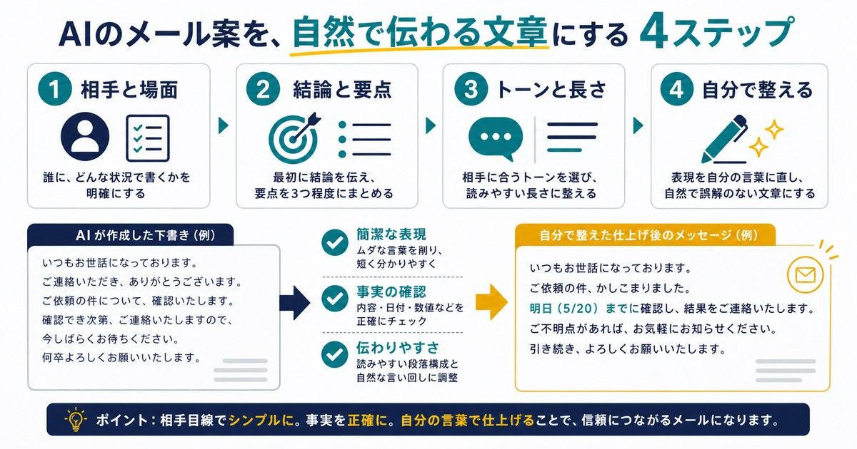 AIメール文を自然にする4ステップとして相手と場面、結論と要点、トーンと長さ、自分で整える流れを示す図解