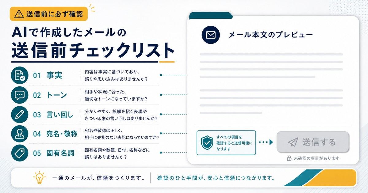 AIで作成したメールの送信前チェックとして事実、トーン、言い回し、宛名敬称、固有名詞を確認する図解