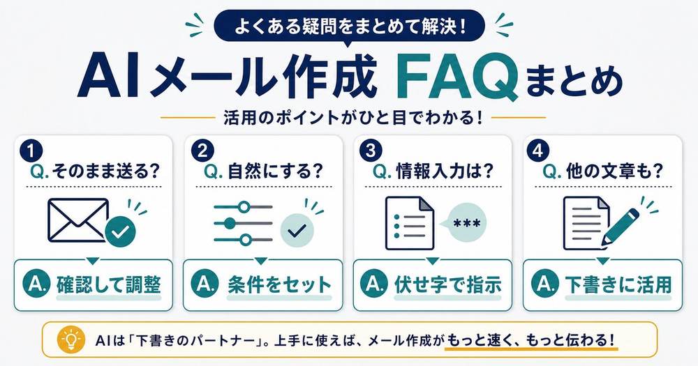 AIメール作成のFAQとしてそのまま送るか、自然にする方法、情報入力、他の文章への活用をまとめた図解