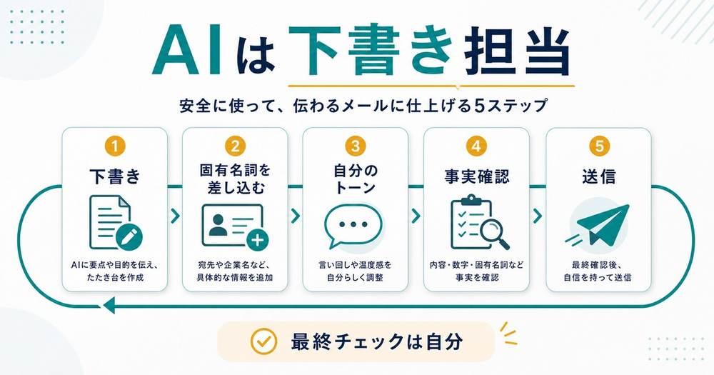 AIをメール下書き担当として使い固有名詞を差し込み、自分のトーンに整え、事実確認して送信する流れの図解