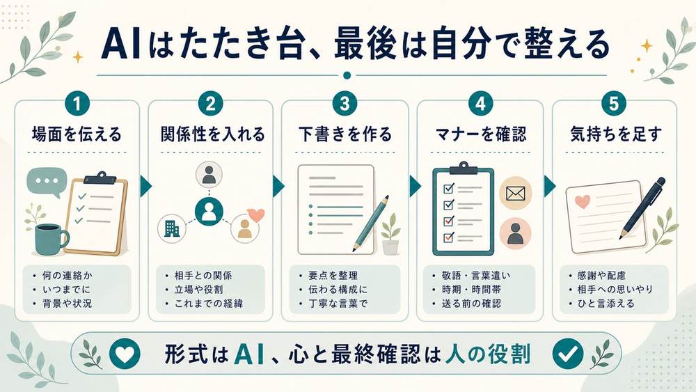 AIでかしこまった文面を作る「AIはたたき台、最後は自分で整える」として、場面を伝える、関係性を入れる、下書きを作る、マナーを確認、気持ちを足す流れを示す図解
