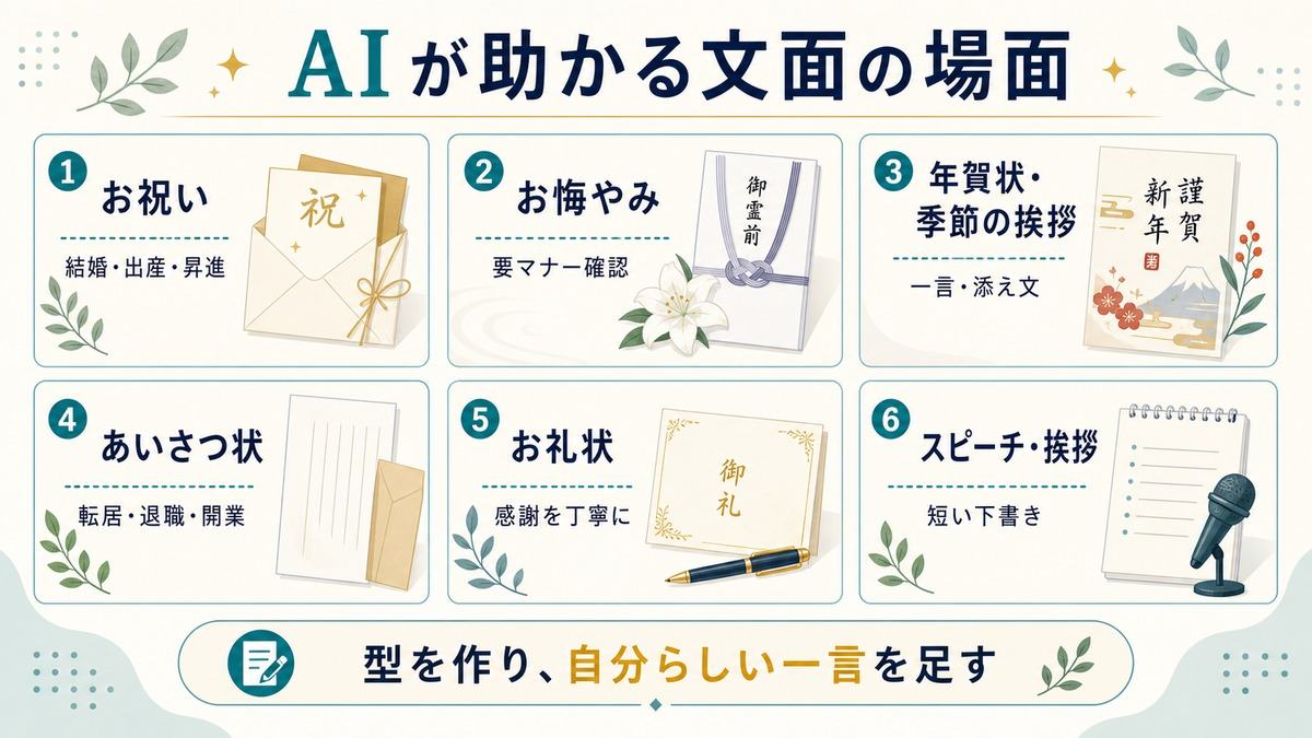 AIでかしこまった文面を作る「AIが助かる文面の場面」として、お祝い、お悔やみ、年賀状、あいさつ状、お礼状、スピーチや挨拶の下書きを整理した図解