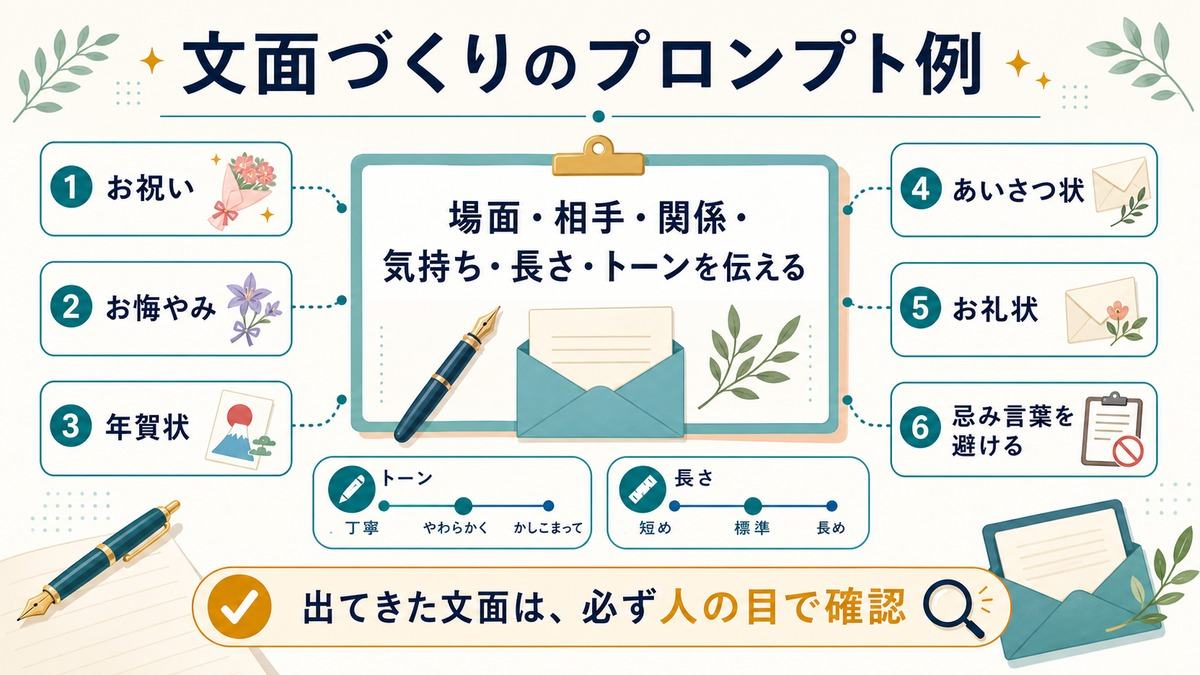 AIでかしこまった文面を作る「文面づくりのプロンプト例」として、場面、相手、関係、気持ち、長さ、トーン、忌み言葉を避ける指示をまとめた図解