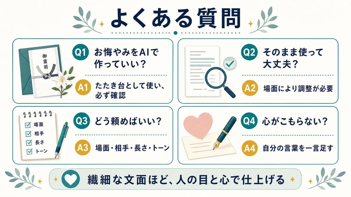 AIでかしこまった文面を作る「よくある質問」として、お悔やみをAIで作っていいか、そのまま使えるか、頼み方、心を込める方法をまとめたFAQ図解