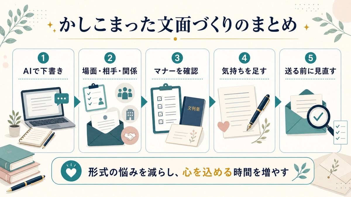 AIでかしこまった文面を作る「かしこまった文面づくりのまとめ」として、AIで下書き、場面と相手と関係、マナー確認、気持ちを足す、送る前に見直す流れを示す図解