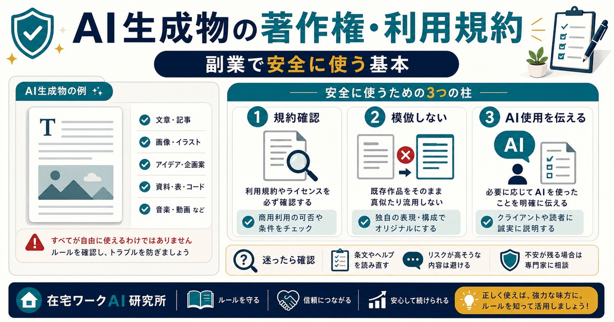 AI生成物の著作権と利用規約の注意点を示すアイキャッチ画像