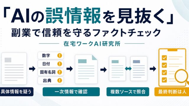 AIの誤情報から具体情報を抽出し一次情報と複数ソースで人が確認する流れの図解