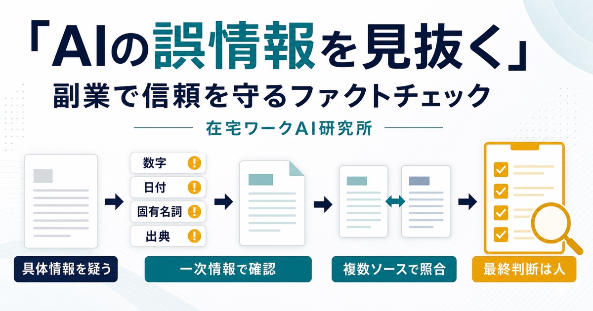 AIの誤情報から具体情報を抽出し一次情報と複数ソースで人が確認する流れの図解