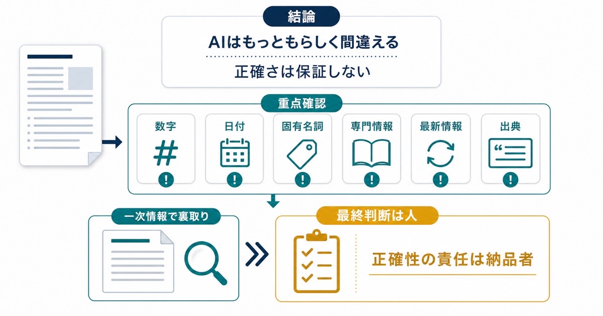 AIの回答から数字固有名詞日付出典を抽出して一次情報で人が裏取りする流れの図解