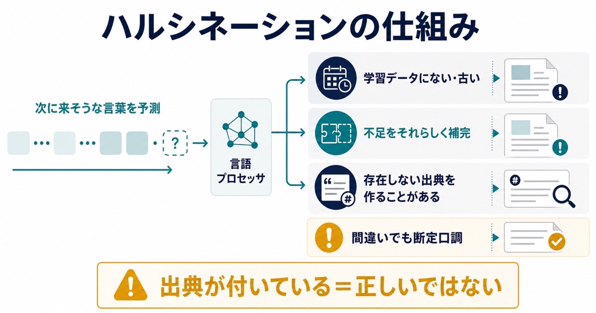 AIが次の言葉を予測して不足情報をもっともらしく補完し誤情報が生まれる仕組みの図解