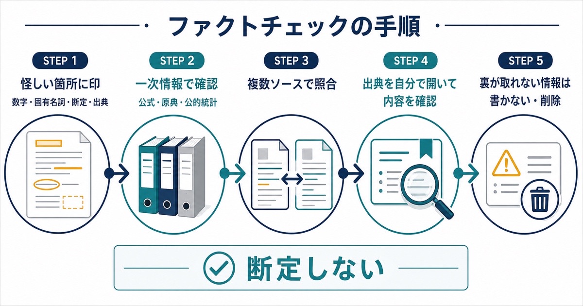 怪しい箇所の抽出一次情報確認複数ソース照合出典確認不確かな情報の削除という5手順の図解