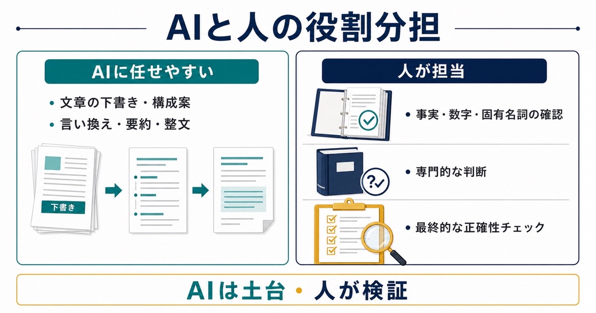 下書き言い換え要約はAIが補助し事実数字専門判断最終確認は人が担当する役割分担の図解
