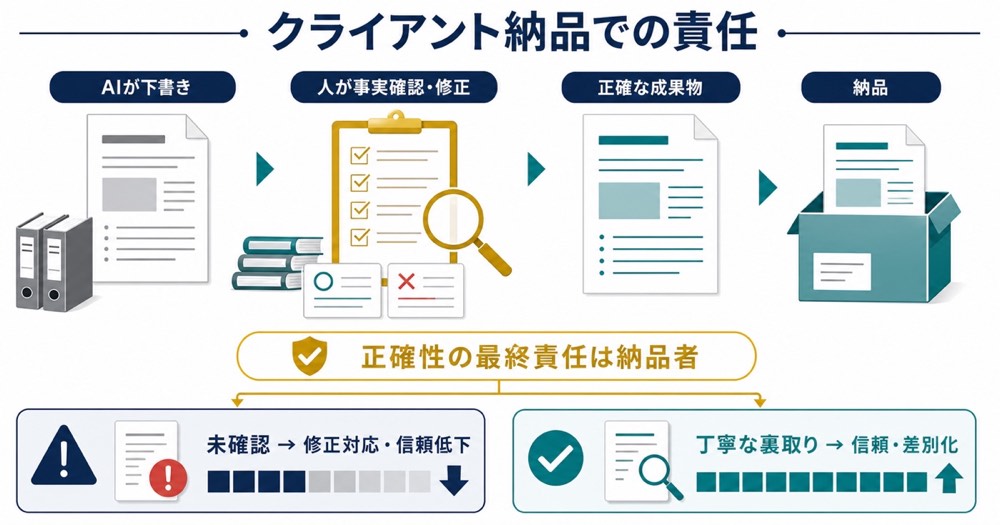 AIの下書きを人が検証して正確な成果物として納品し納品者が最終責任を持つ流れの図解