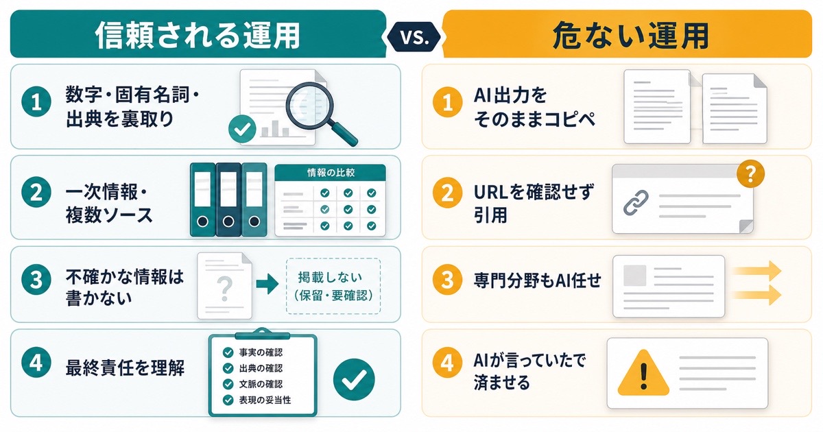 一次情報と複数ソースで確認する信頼運用とAI出力を未確認で納品する危険運用の比較図解