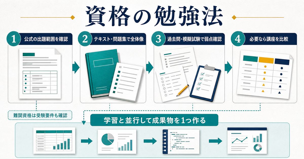 公式出題範囲テキスト問題集過去問模擬試験講座比較と成果物づくりを並行する勉強法の図解