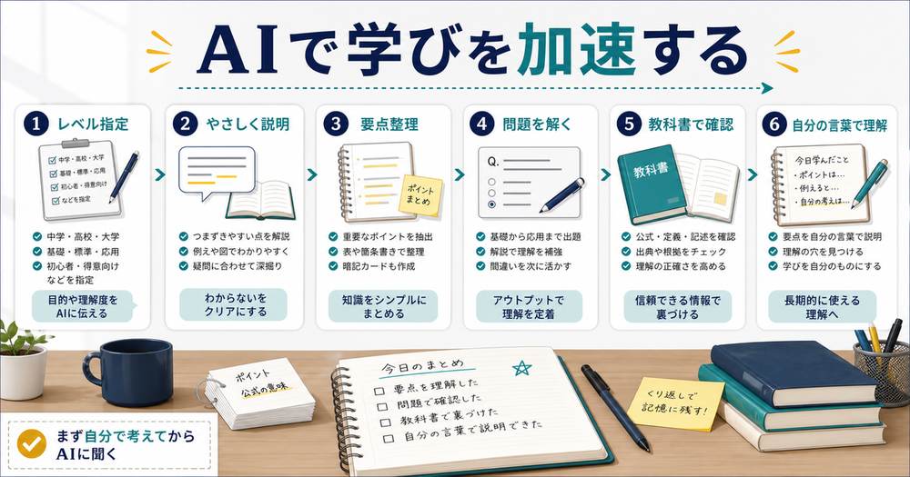 AIで学びを加速するまとめとしてレベル指定、やさしい説明、要点整理、問題を解く、教科書確認、自分の言葉で理解する流れを示す図解