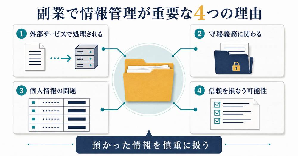 外部処理守秘義務個人情報信頼という副業でAIの情報管理が重要な4つの理由の図解