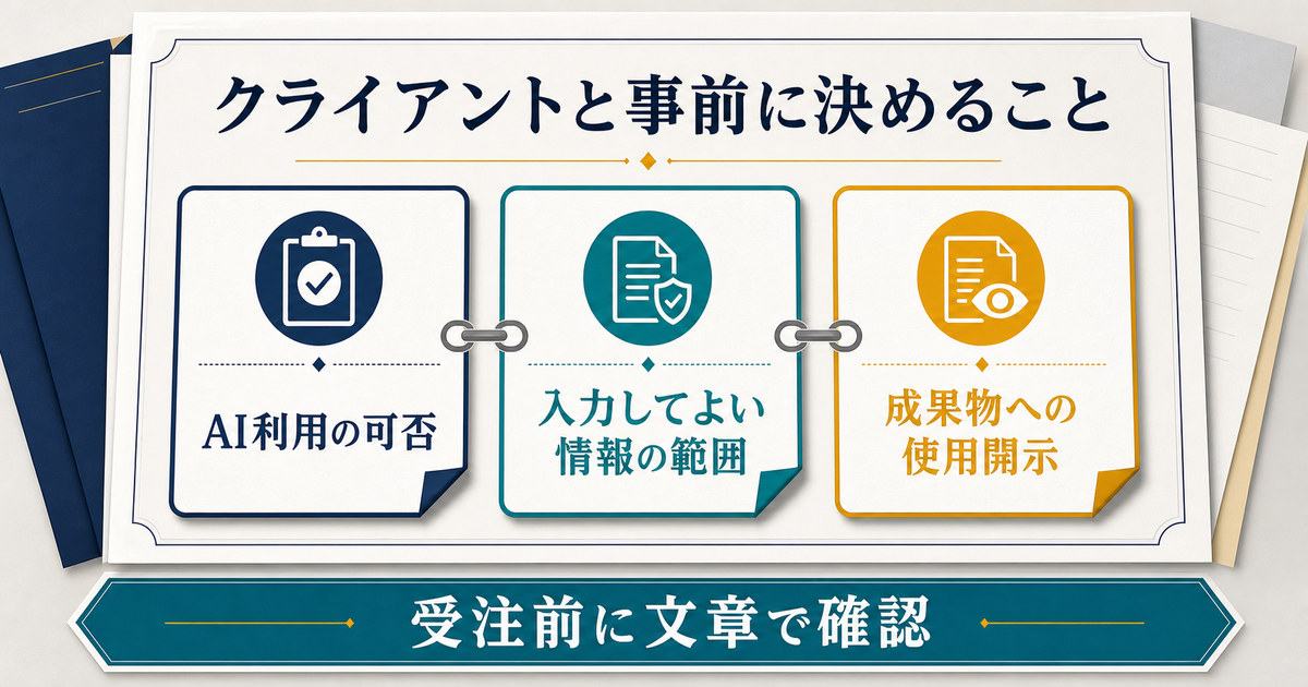 AI利用の可否入力情報の範囲成果物への使用開示を受注前に確認する図解