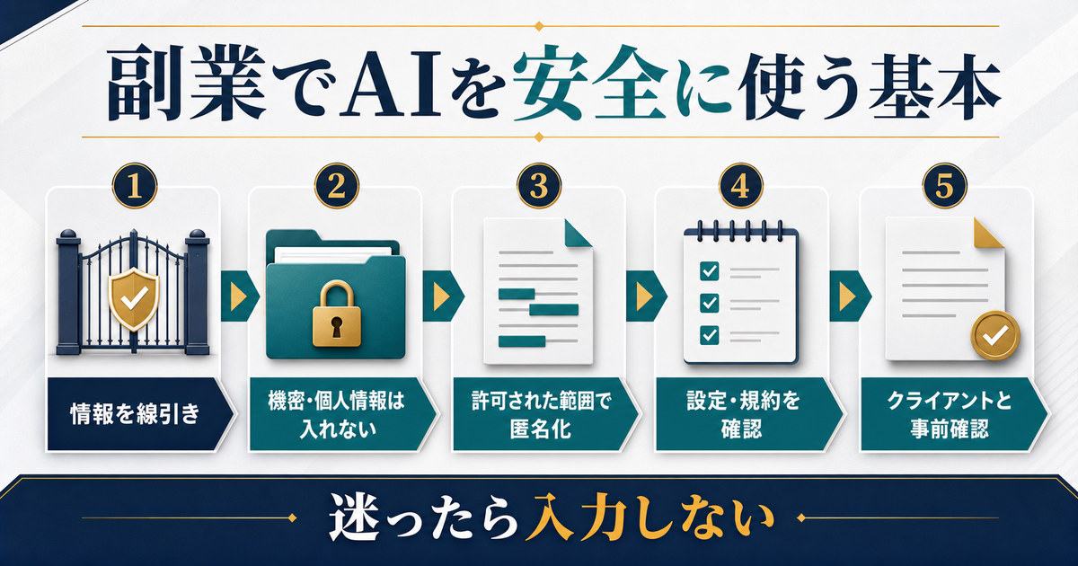 情報の線引き機密入力禁止匿名化設定規約確認クライアント事前確認という安全利用のまとめ図解