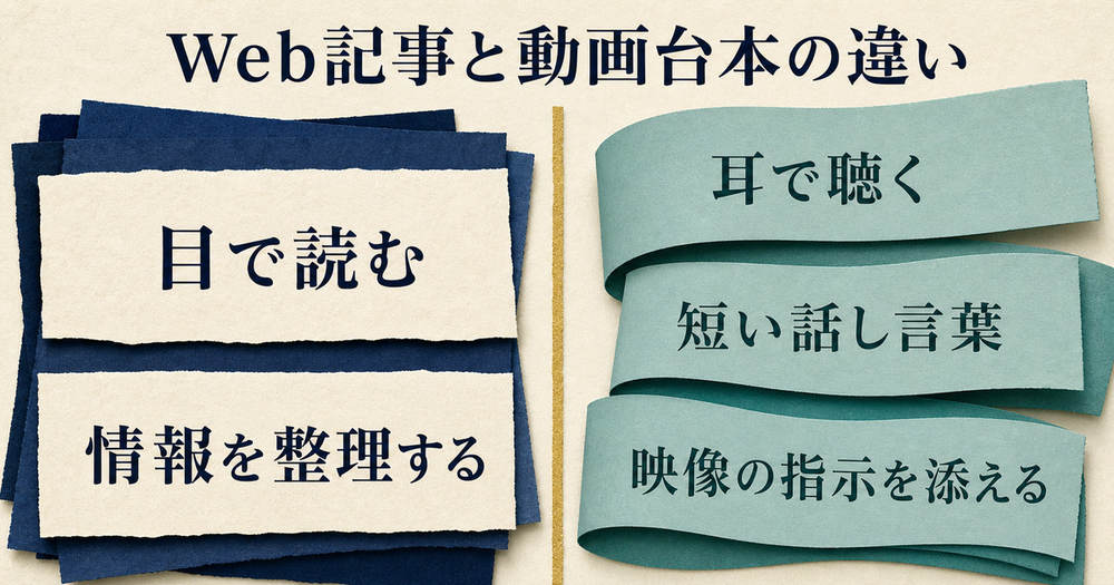 目で読むWeb記事と耳で聴く動画台本を情報整理・短い話し言葉・映像指示で比べる図