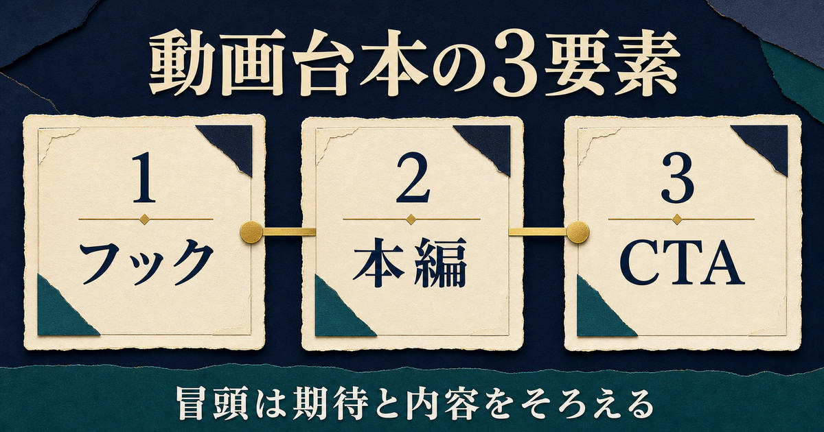 フック・本編・CTAの3要素と冒頭で期待と内容をそろえる考え方を示す動画台本構成図