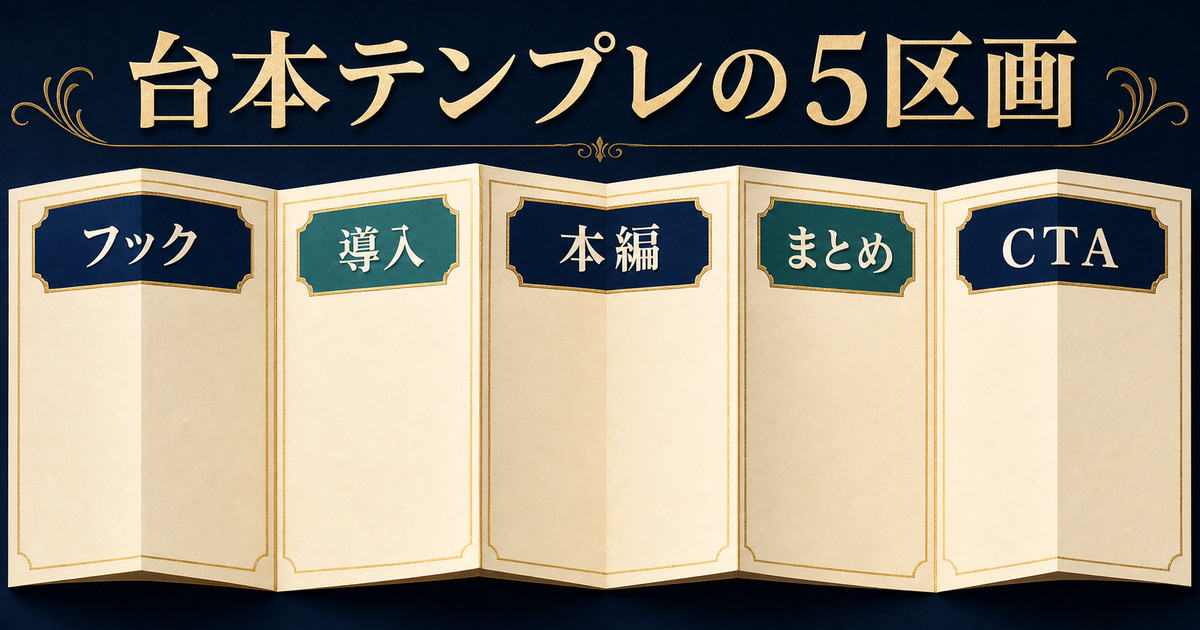 フック・導入・本編・まとめ・CTAという動画台本テンプレの5区画を示す図