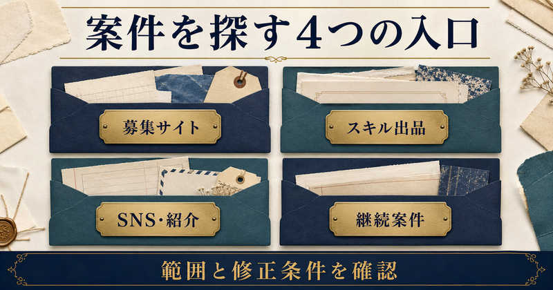 募集サイト・スキル出品・SNSや紹介・継続案件という動画台本案件の4つの入口と条件確認の図