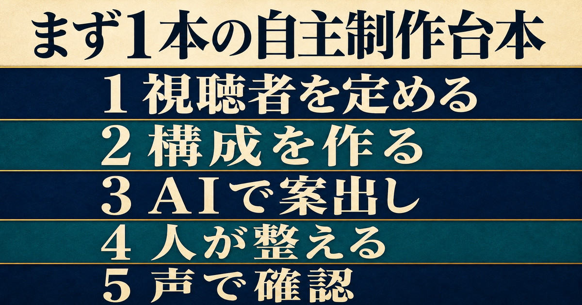 視聴者設定・構成作成・AIでの案出し・人の調整・音読確認で自主制作台本を作るまとめ図