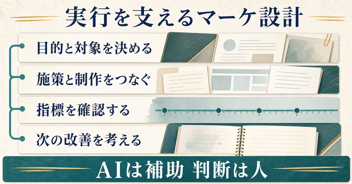 目的と対象の設定・施策と制作・指標確認・改善をつなぎAIは補助で判断は人と示す図