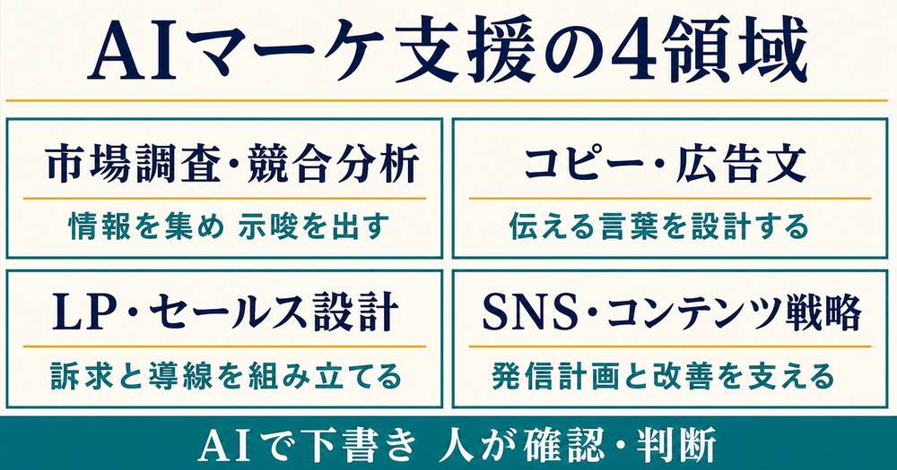 市場調査・コピー・LP設計・SNS戦略というAIマーケティング支援の4領域を整理した図