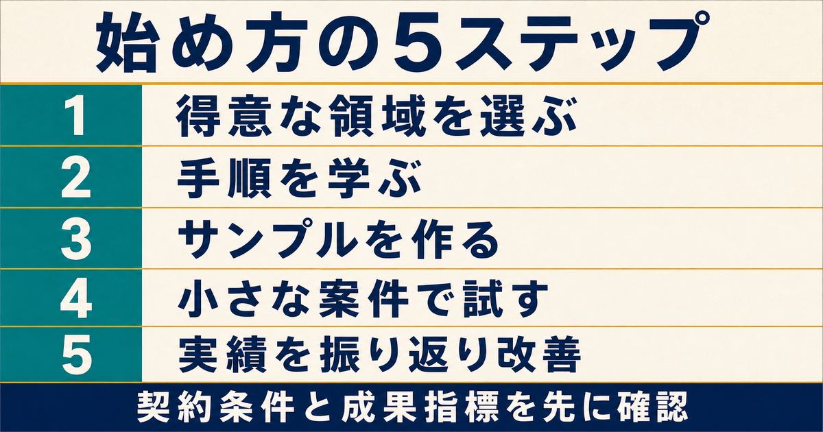 領域選び・学習・サンプル・小さな案件・振り返り改善というAIマーケ支援副業の5ステップ図