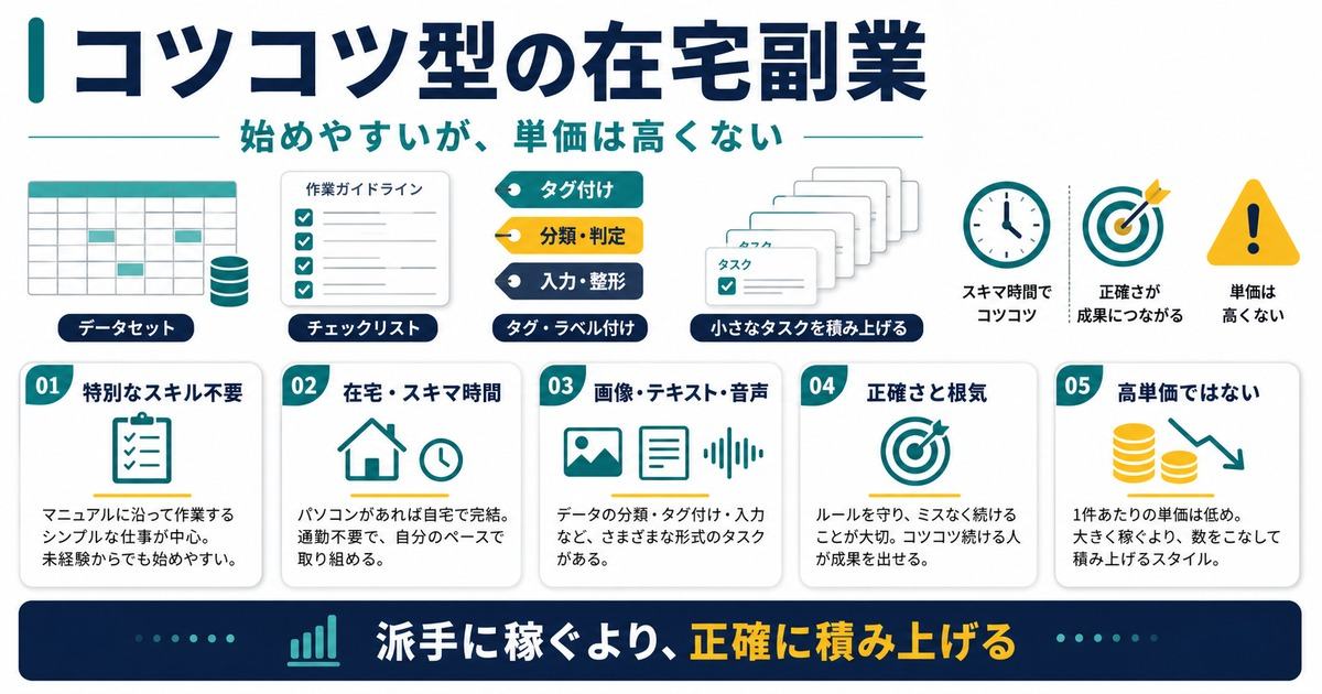 AIアノテーション副業は在宅で始めやすいがコツコツ型で単価は高くなく正確さが重要な図解