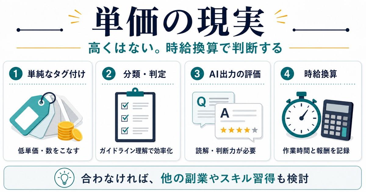 AIアノテーションの単純なタグ付け分類判定AI出力評価時給換算と単価の現実を示す図解