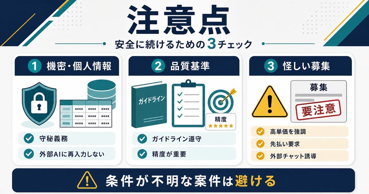 AIアノテーション副業の機密個人情報品質基準怪しい募集への注意点をまとめた図解