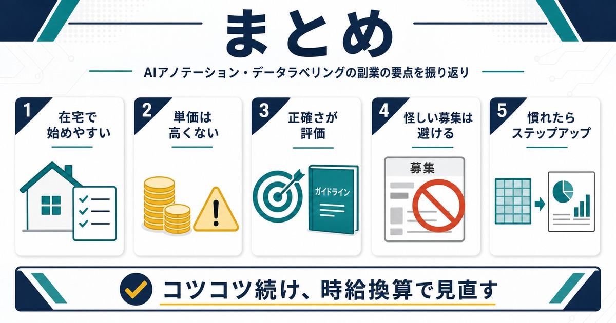 AIアノテーション副業を在宅開始低単価正確さ怪しい募集回避ステップアップでまとめた図解