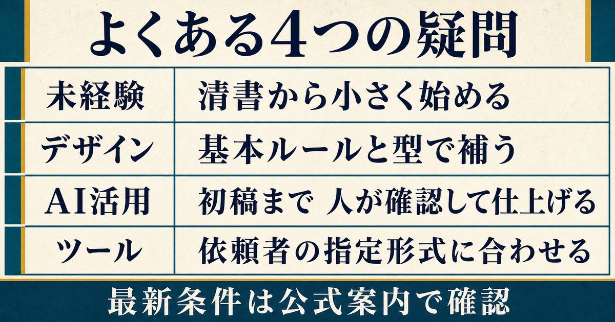資料作成代行の未経験・デザイン・AI活用・ツール選びに関する4つの疑問を整理した図