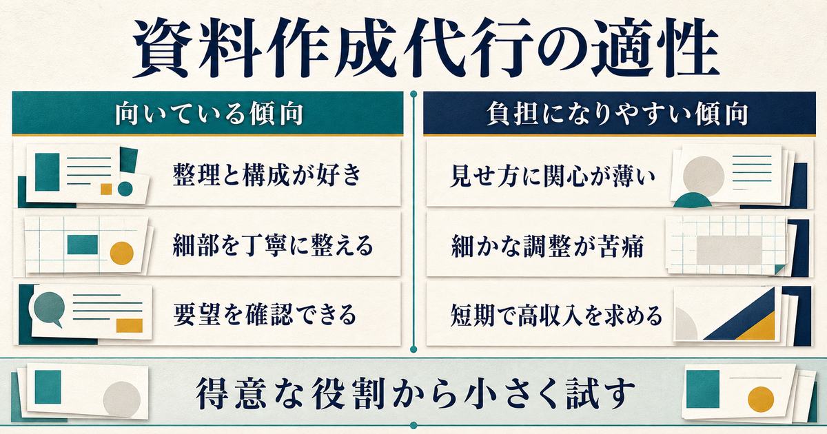 資料作成代行に向いている傾向と負担になりやすい傾向を整理した適性確認図