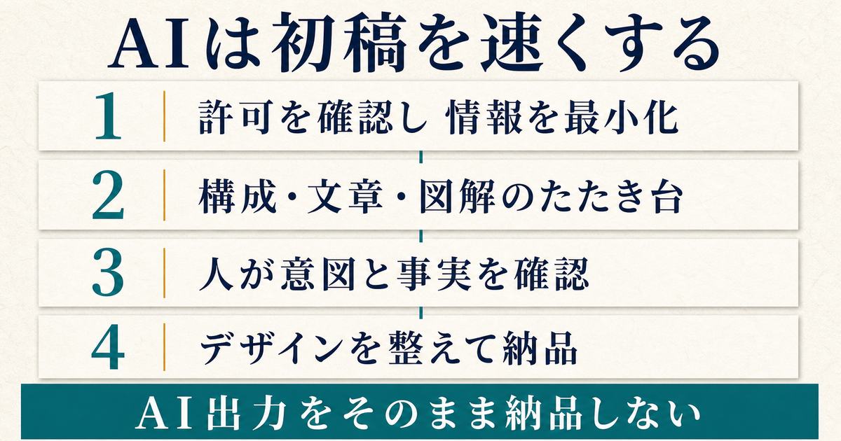 依頼者の許可と情報最小化からAI初稿・人の事実確認・デザイン仕上げへ進む資料作成の図