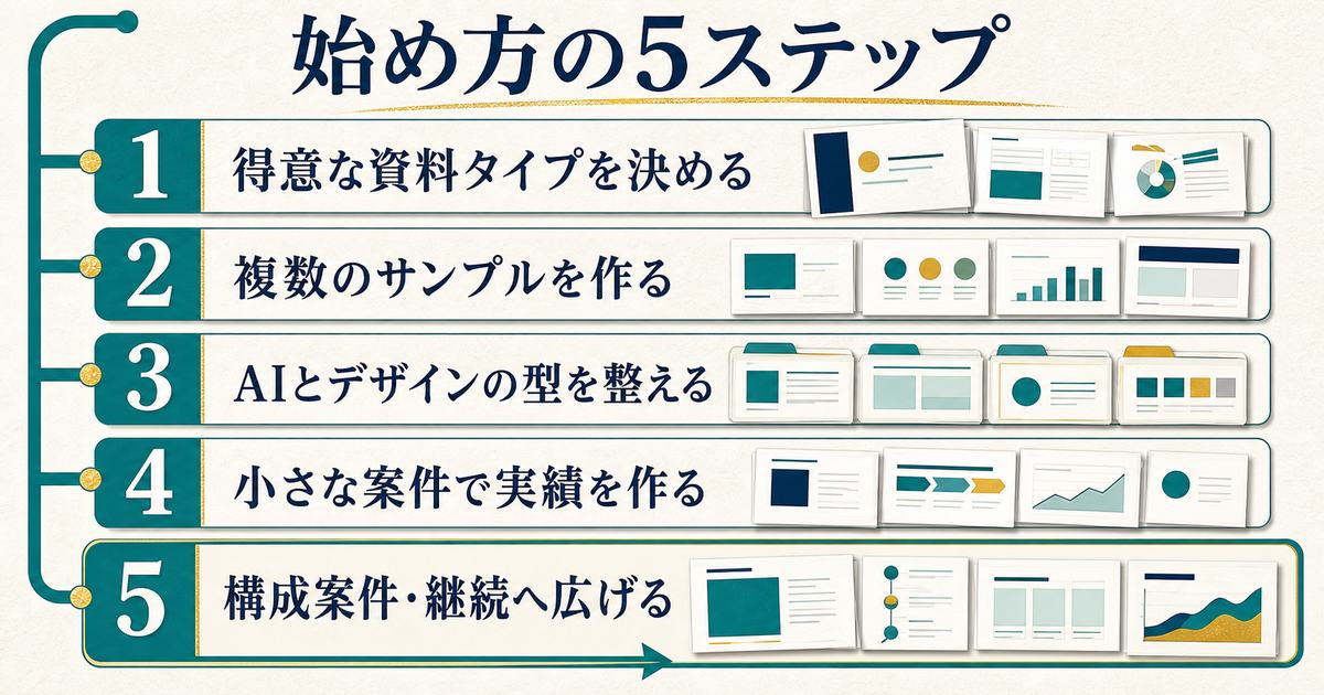 資料タイプ選びからサンプル作成・作業の型・小さな案件・構成や継続案件へ進む5ステップ図