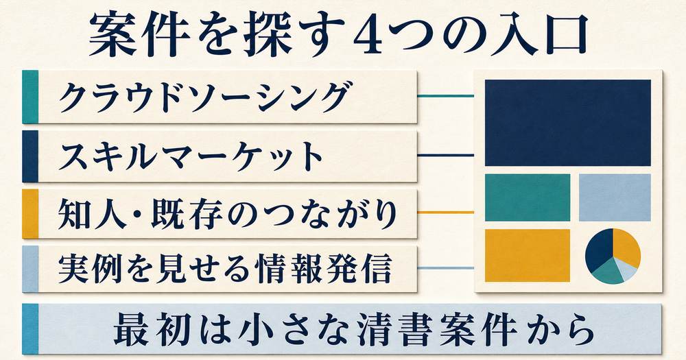 資料作成代行の案件をクラウドソーシング・スキルマーケット・知人・実例発信の4経路で探す図